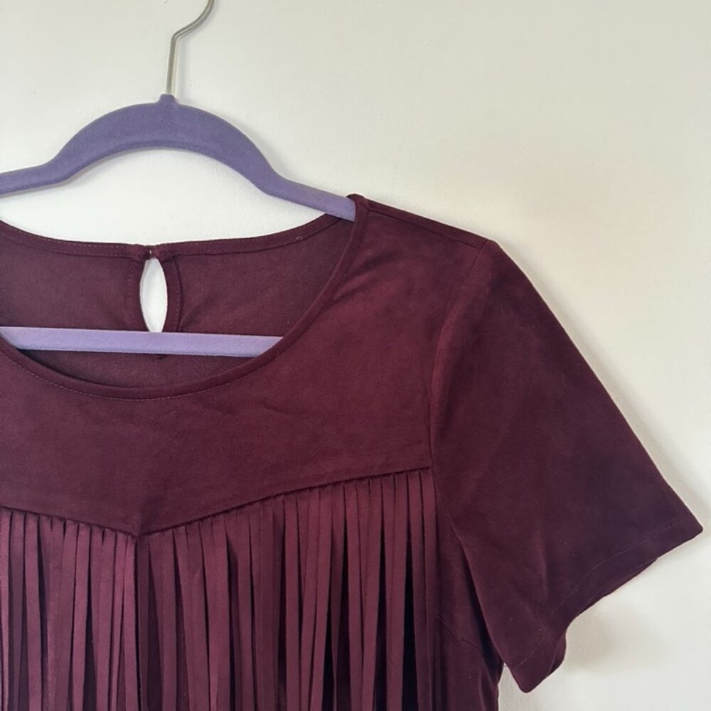 Skies Are Blue, Burgundy, Fringe Top, Size S